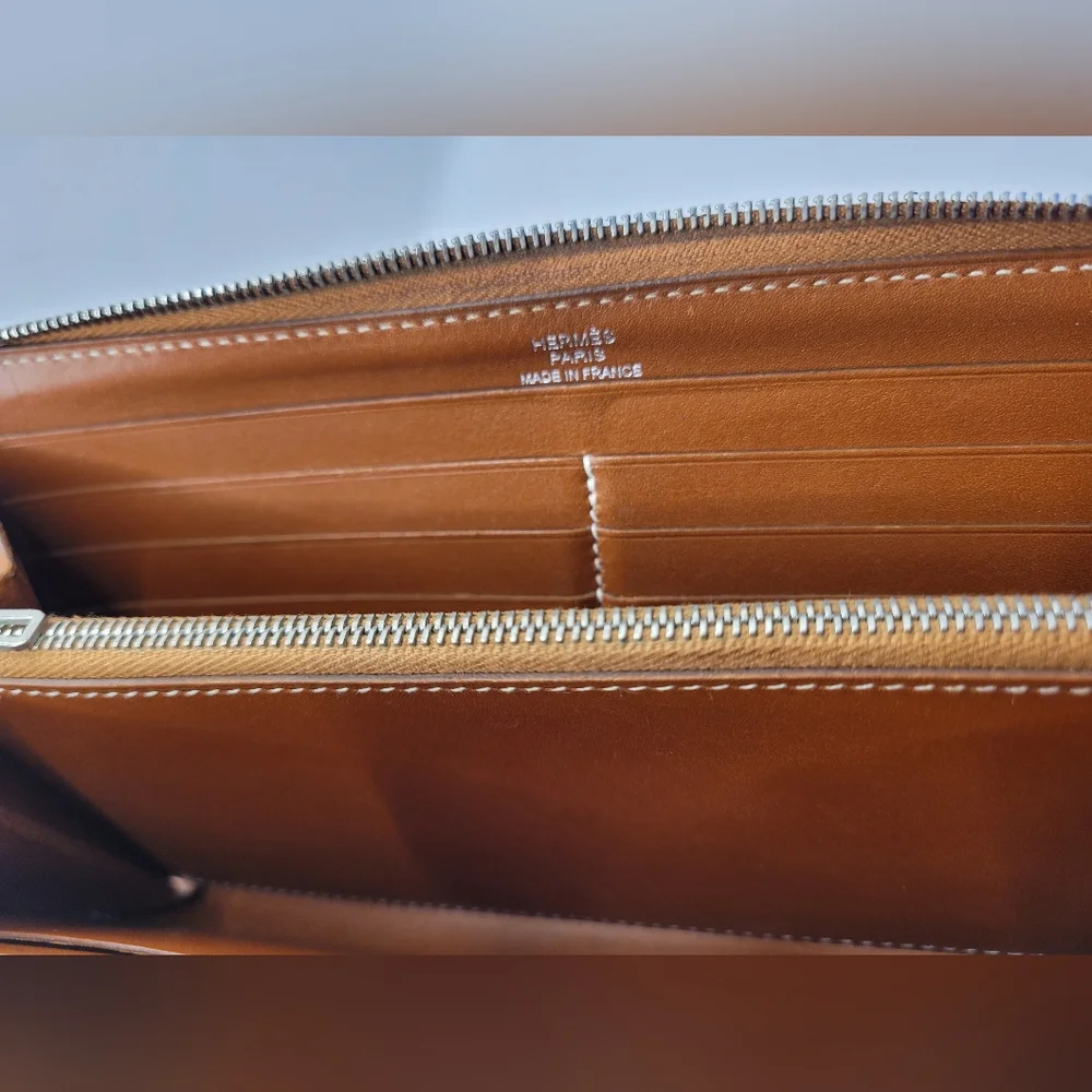 Hermes Leather Long Zip Around Camel Wallet